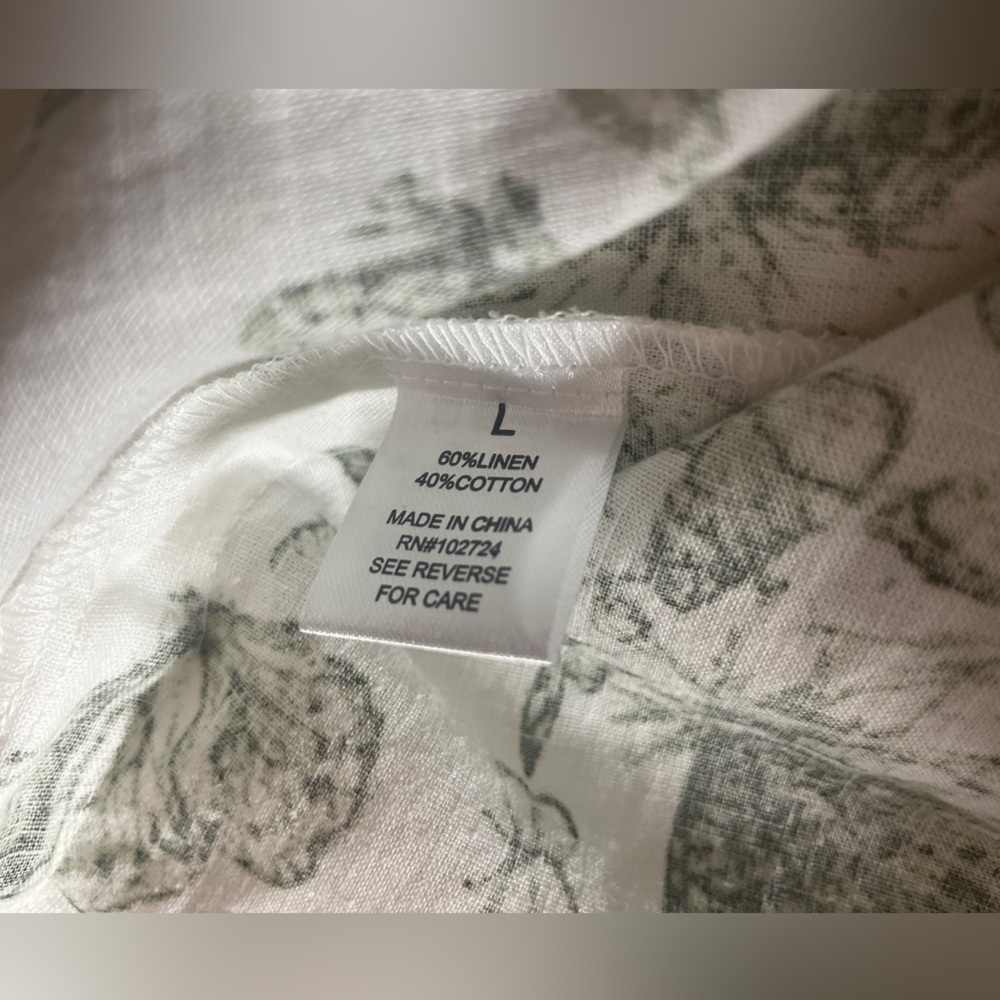 Women’s Short-Sleeve Button-Down Linen Shirt - White with Olive Green Floral - Picture 3 of 4